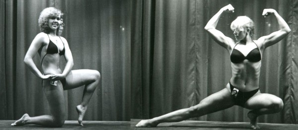 Zwei der ersten deutschen Bodybuilderinnen beim Posen in Harry Gelbfarbs Studio-Wettkampf im Jahr 1981. (Foto: Sammlung Steinmüller)
